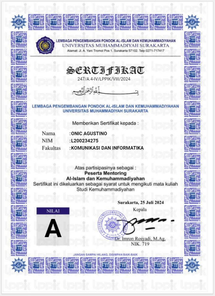 Sertifikat – Mentoring Al-Islam dan Kemuhammadiyahan