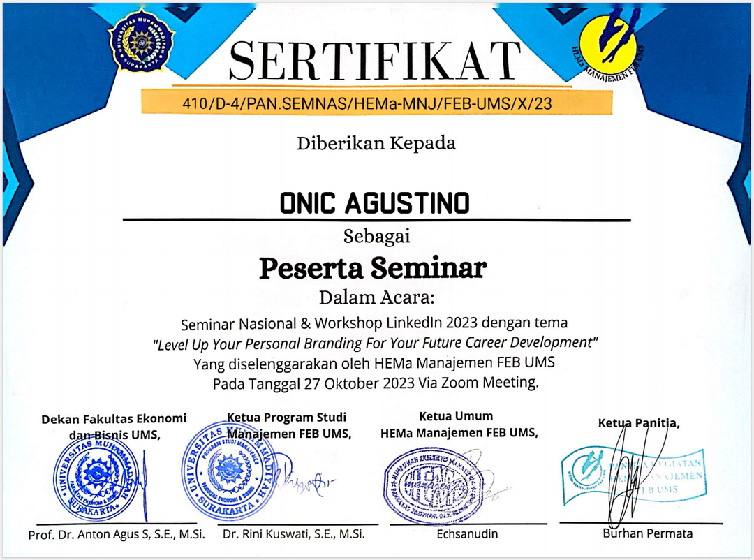 Sertifikat – Peserta Seminar Nasional & Workshop LinkedIn FEB UMS 2023